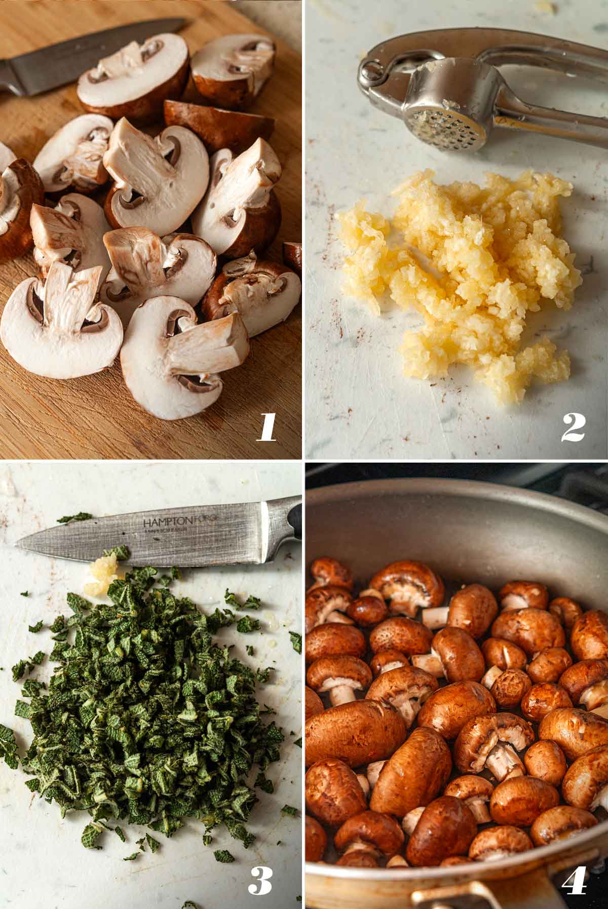 A collage of 4 numbered images showing how to prep ingredients.