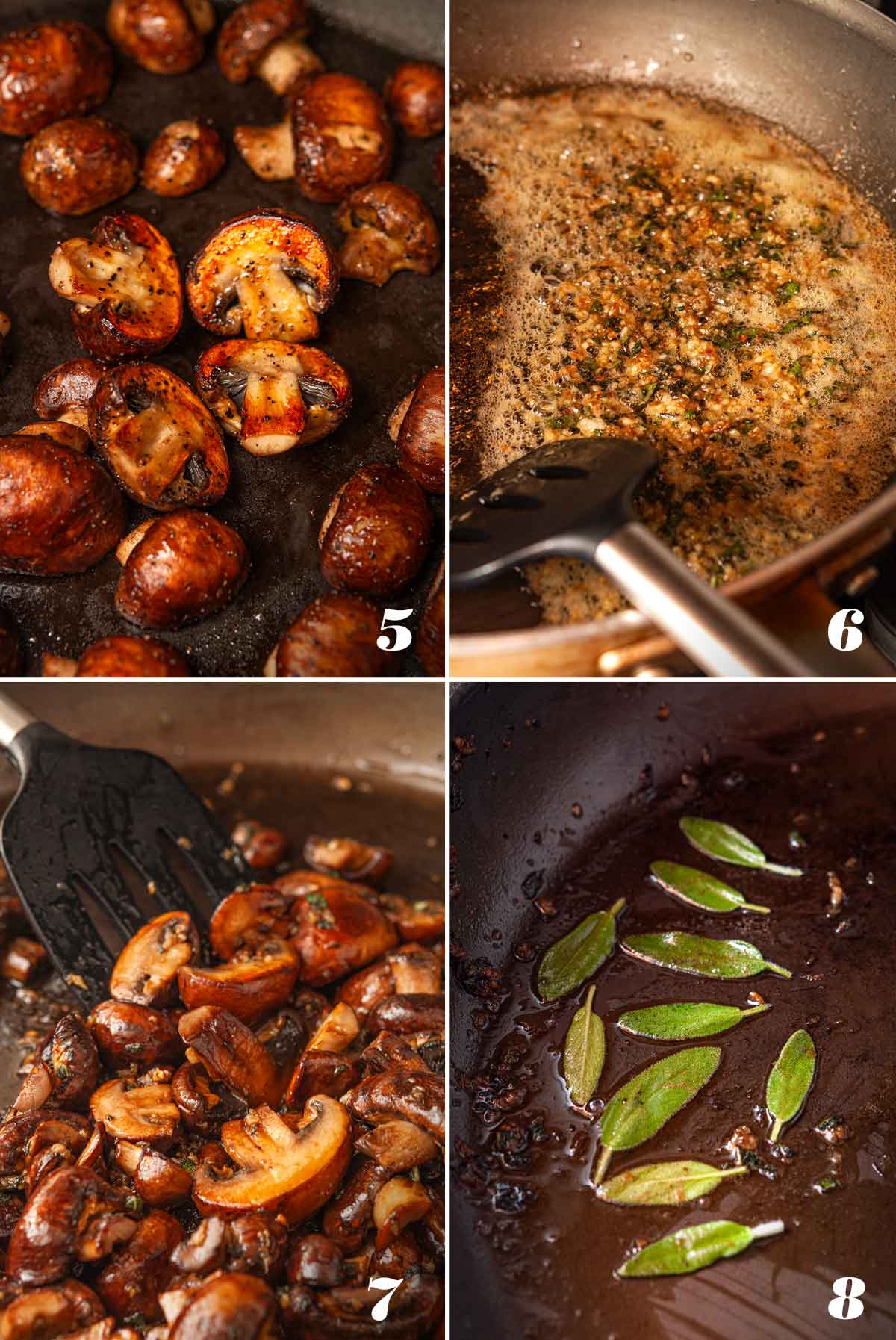 A collage of 4 numbered images showing how to sear and butter mushrooms.