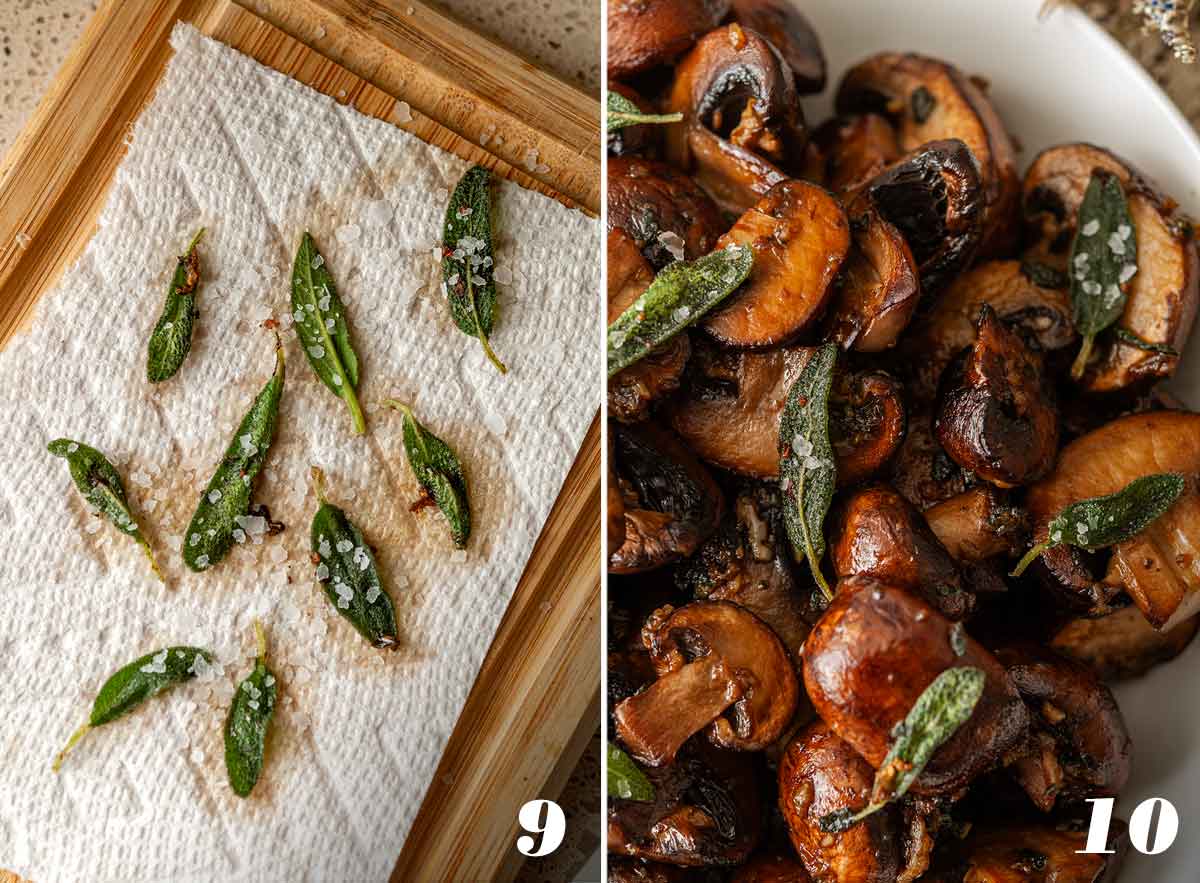 2 numbered images showing how to dry fried sage leaves.