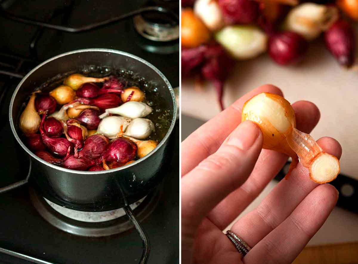 2 images side by side showing how to blanche and peel pearl onions.