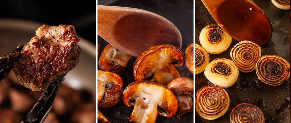 3 images showing how meat and vegetables should look when seared.