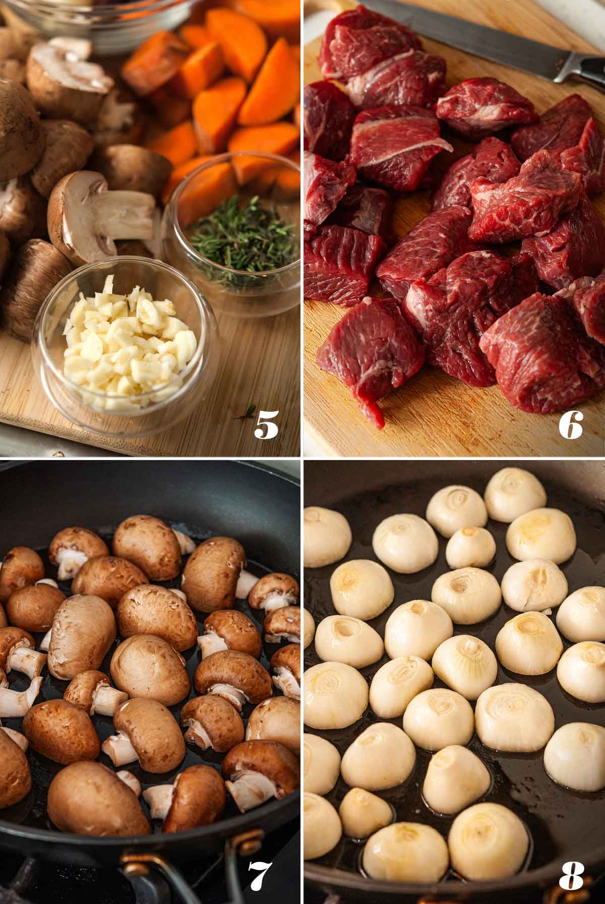 A collage of 4 numbered images showing how to sear ingredients.