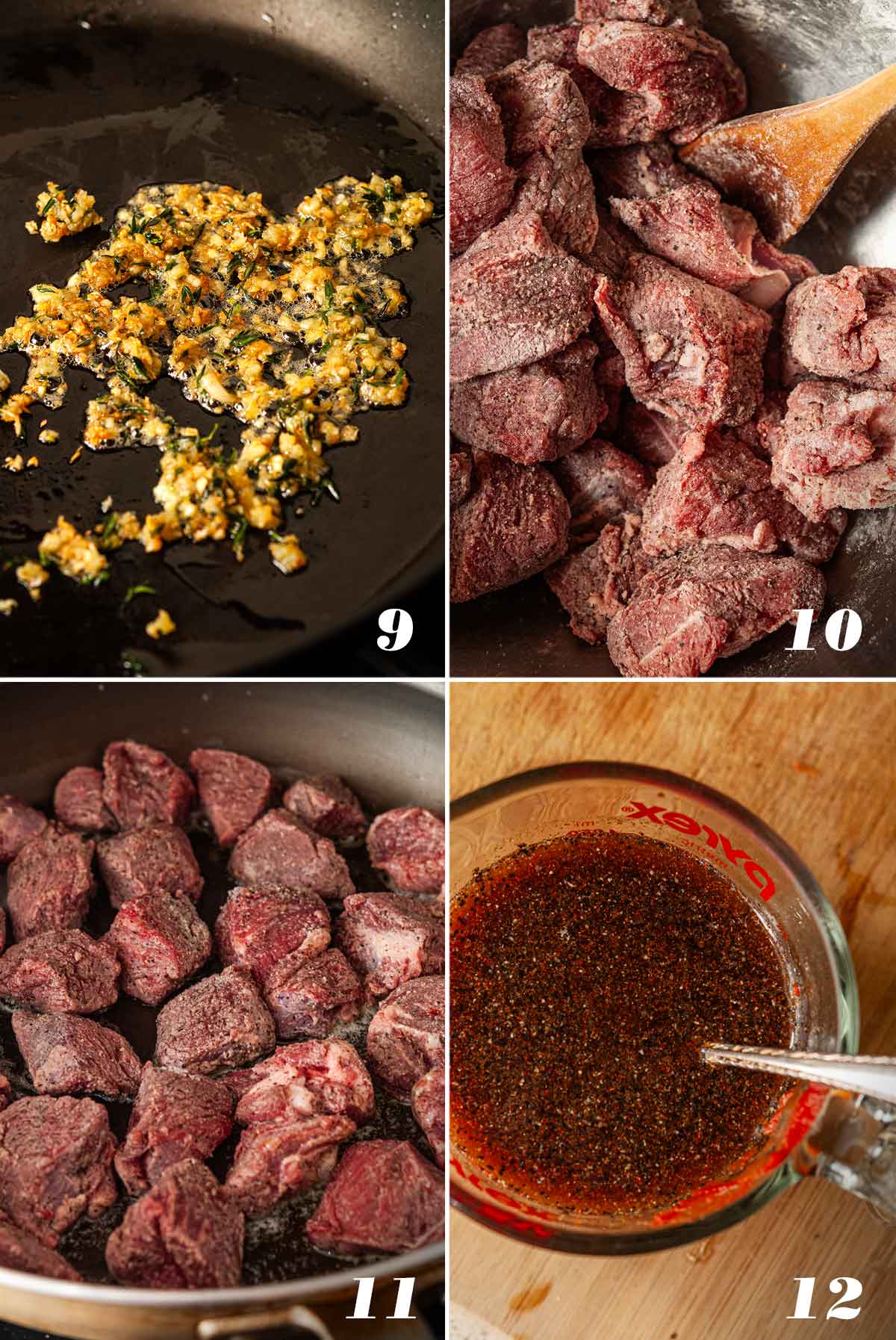 A collage of 4 numbered images showing how to cook ingredients.