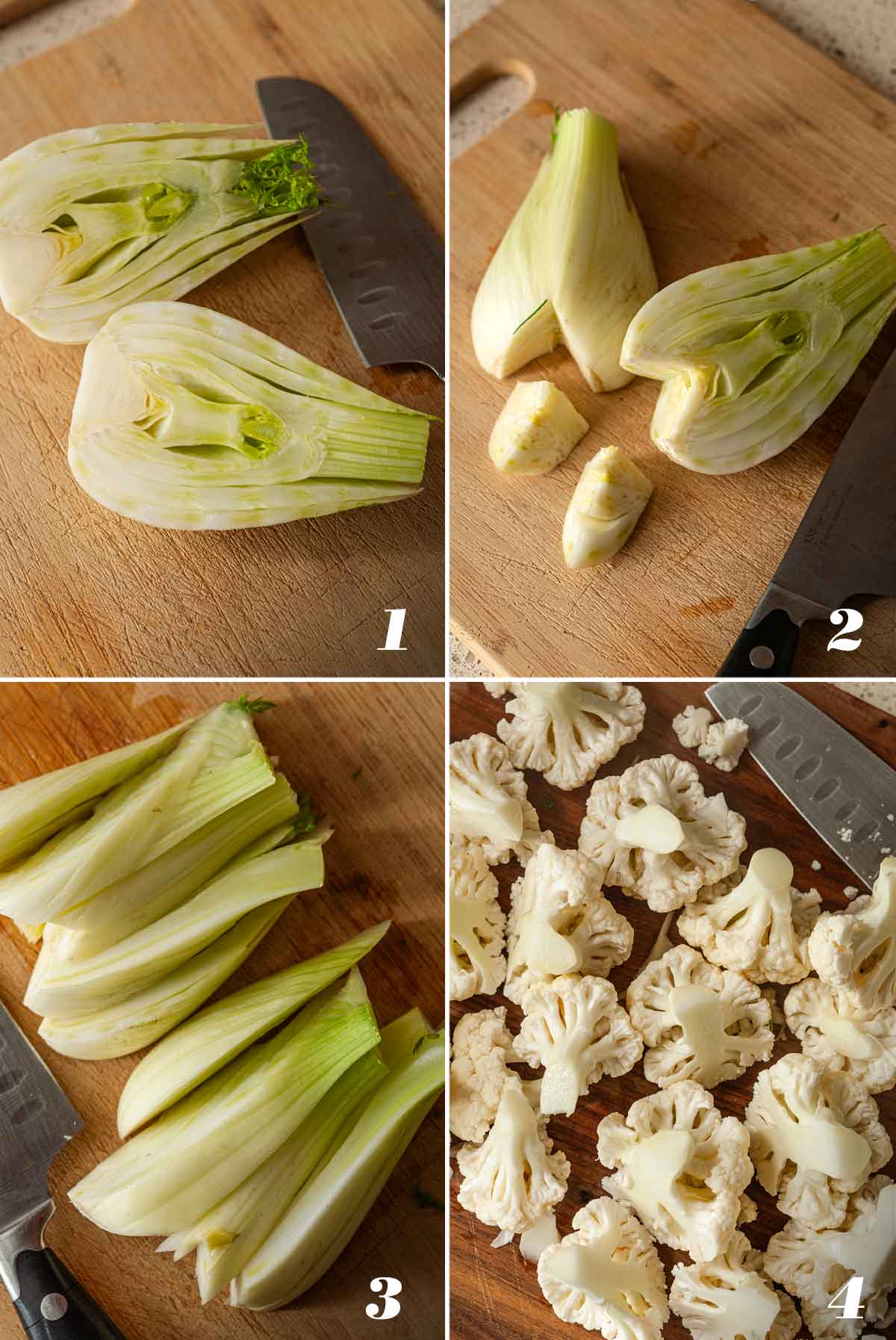 A collage of 4 numbered images showing how to slice vegetables.