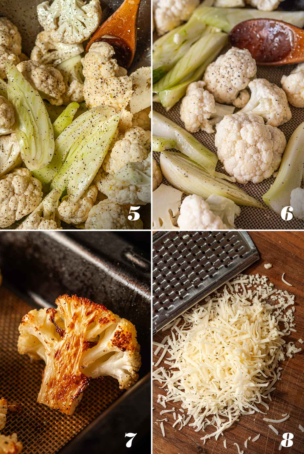 A collage of 4 numbered images showing how to prep ingredients and sear cauliflower.