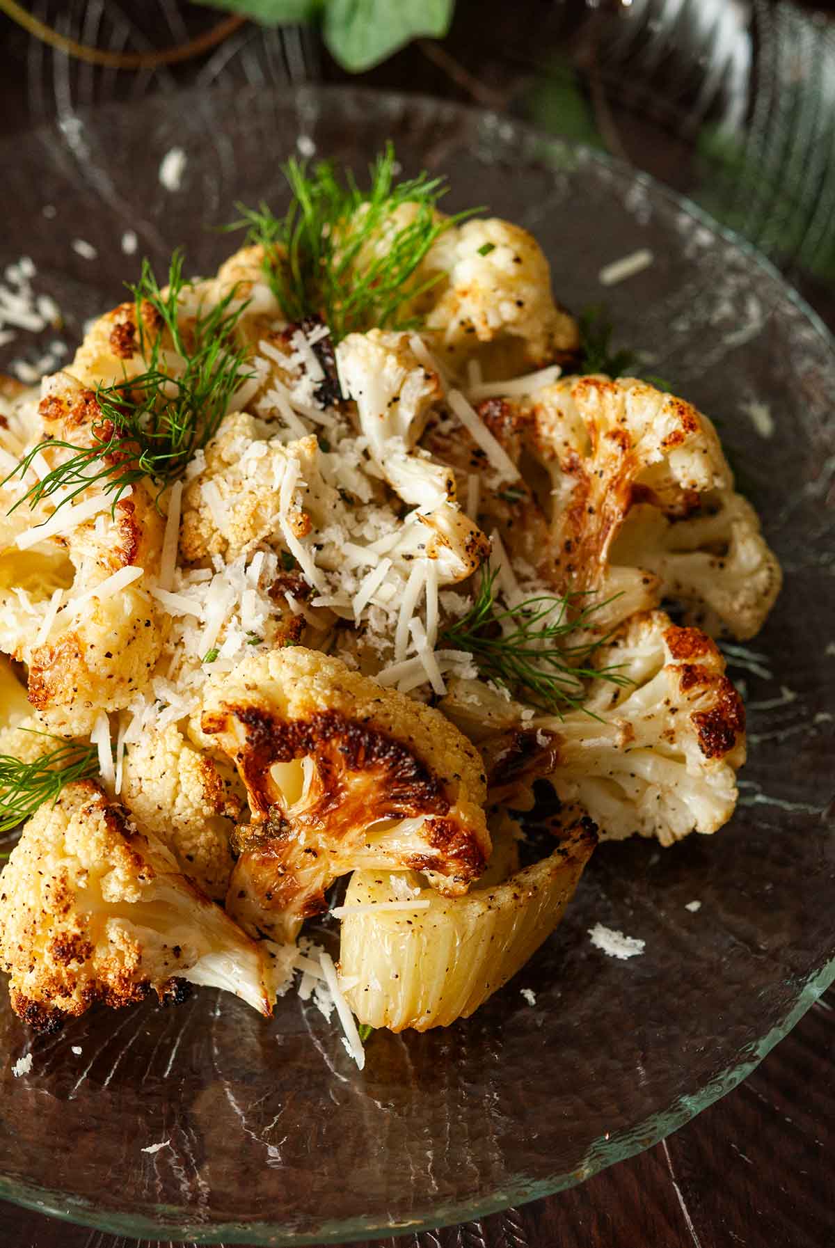 The seared cauliflower and fennel on a plate garnished with fennel fronds.