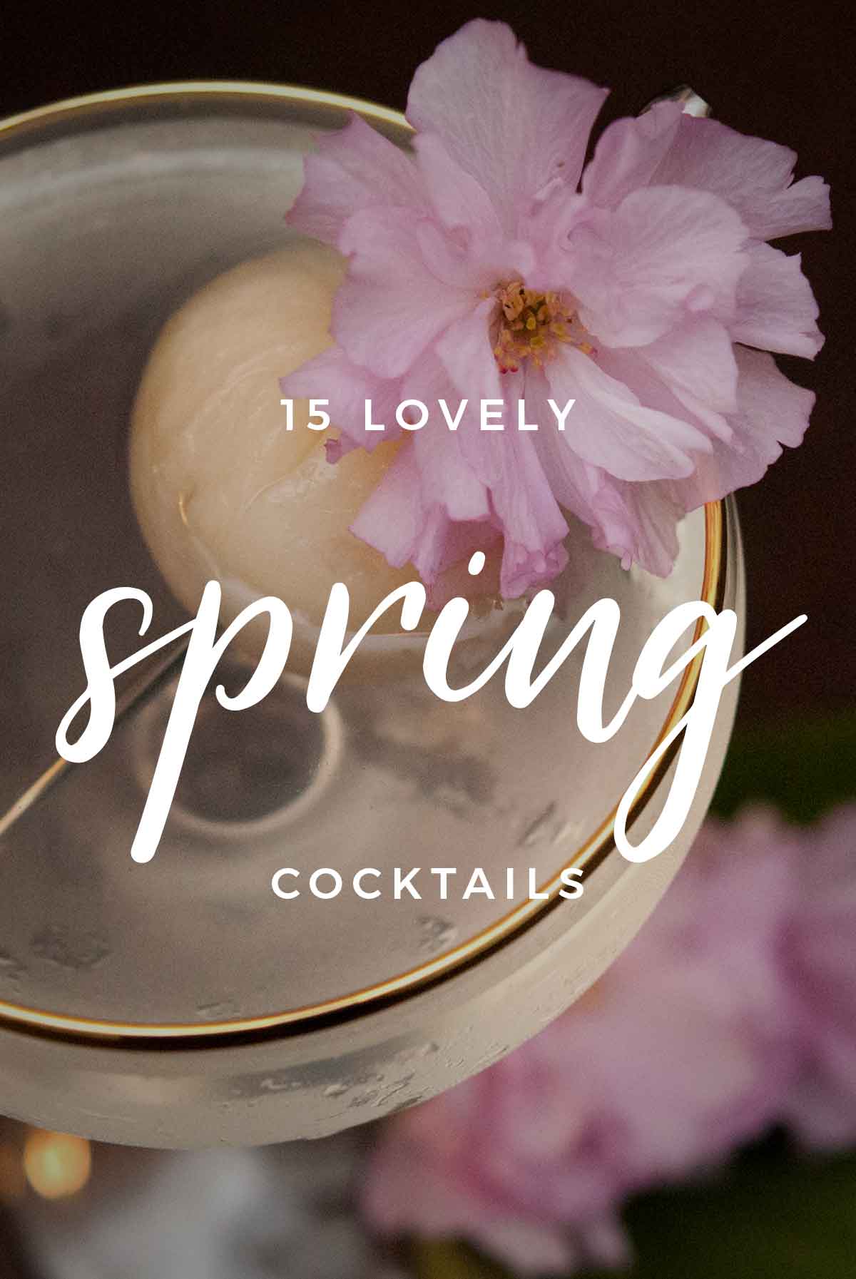A floral cocktail garnish with a title that says "15 Lovely Spring Cocktails."