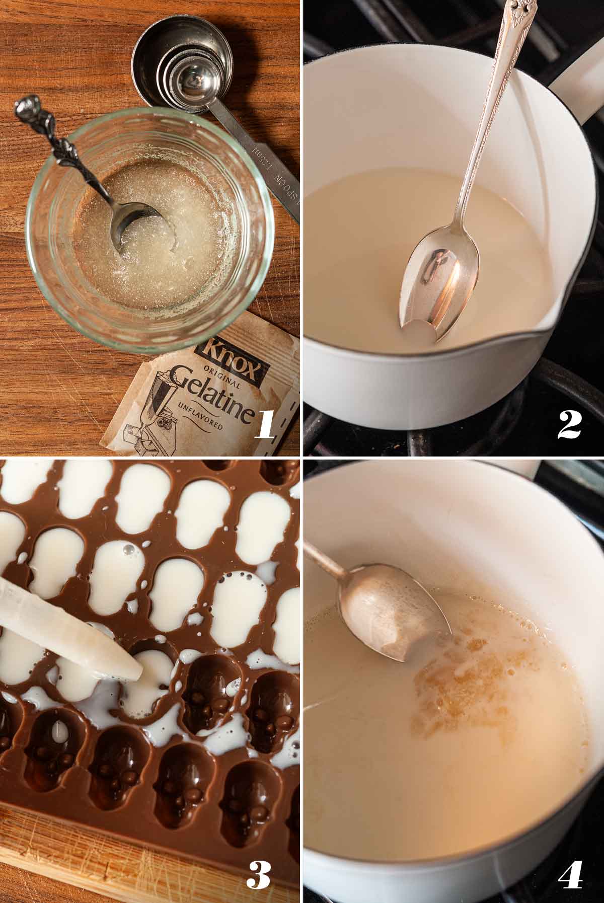 A collage of 4 numbered images showing how to make jello skulls.