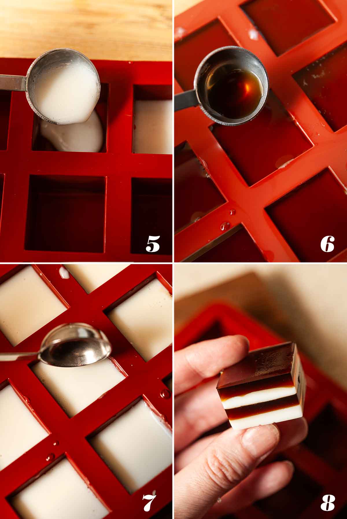 A collage of 4 numbered images showing how to create layered jello shots.