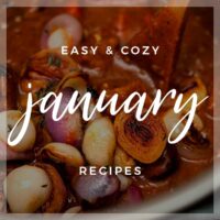 A pot of stew with a title that says "Easy, Cozy January Recipes."
