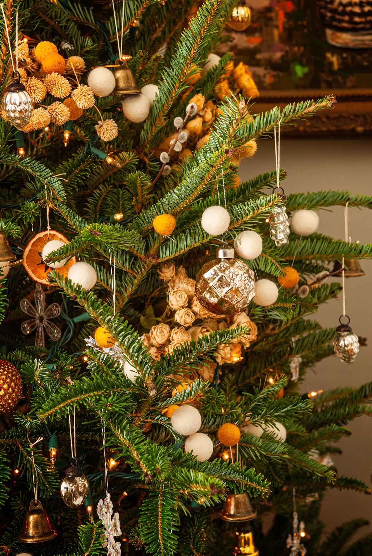 A Christmas tree decorated with ornaments.