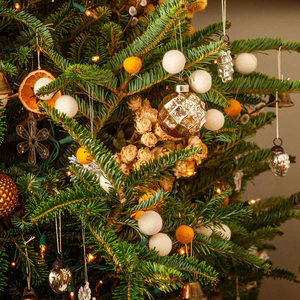 A Christmas tree decorated with ornaments.