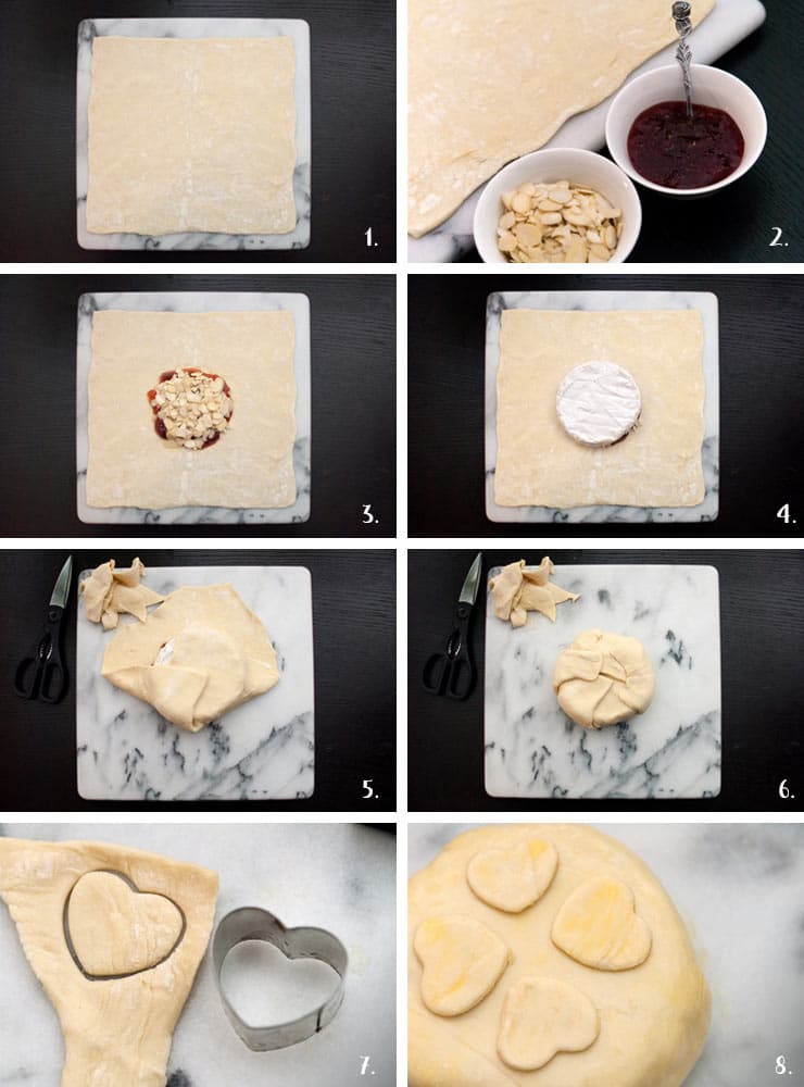 A collage of 8 images showing how to prepare a baked gruyere in puff pastry with almonds and raspberry preserves.