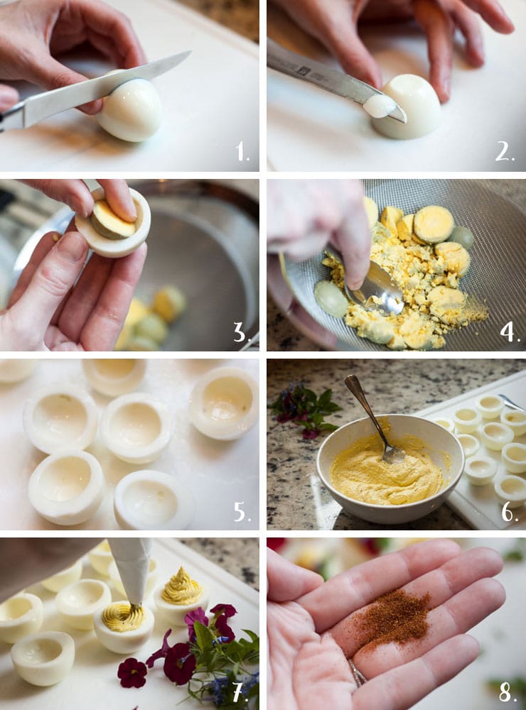 A montage of 8 steps showing the deviled egg making process.