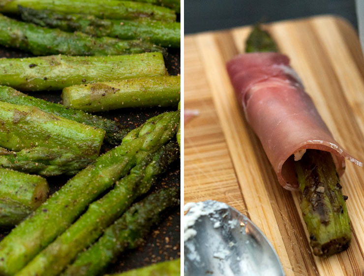 2 images. On the left, chopped asparagus cooking in a pan, on the right, a piece that has been rolled a wooden cutting board.