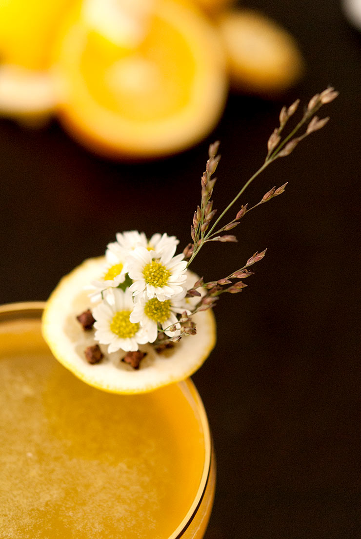 The edge of a cocktail glass, garnished with a lemon slice, decorated with flowers, cloves and a sprig of grass.